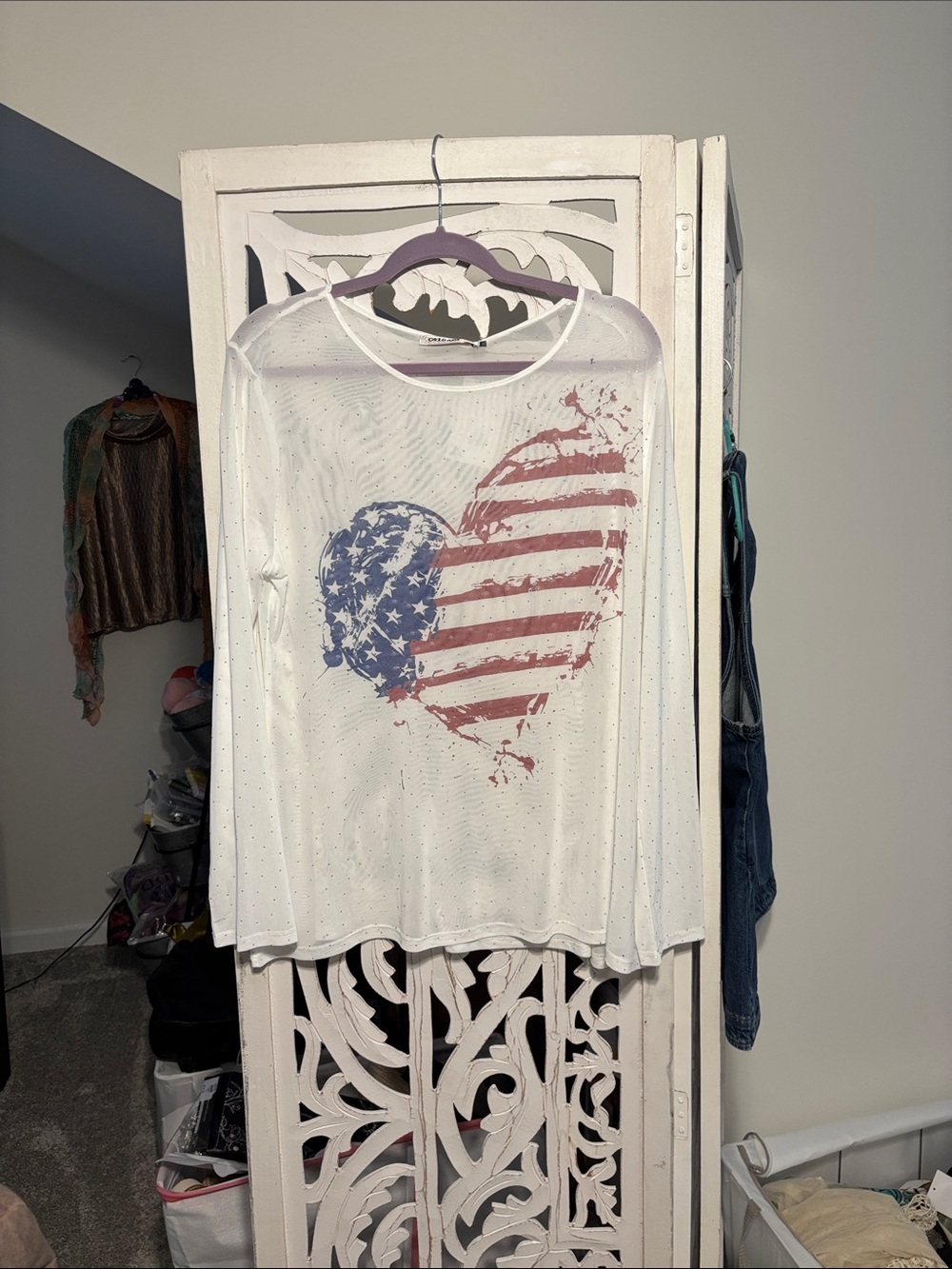 White Women's Sheer Long-Sleeve Top with Distressed American Heart Graphic